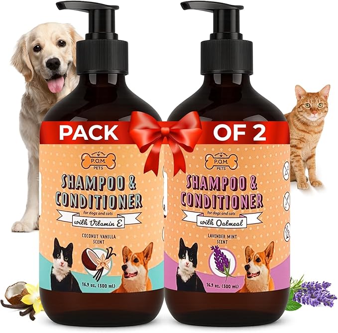 POM Pets 2 Pack 2-in-1 Organic Dog Shampoo &amp; Conditioner – Itchy Skin Relief, Dog Deshedding, Detangles Fur, Cat Shampoo, Paw Cleaner for Dogs, Natural Coat Defense Formula