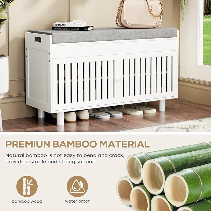 Storage Bench, Bamboo Shoe Bench with Padded Seat Cushion &amp; 2 Doors, 2-Tier Entryway Bench with Lift Top Hidden Storage, 35.4" W x 12.6" D x 19.7" H, Shoe Rack Cabinet for Entryway, Living Room, White
