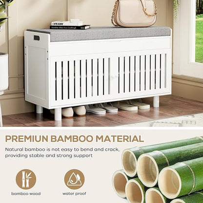 Storage Bench, Bamboo Shoe Bench with Padded Seat Cushion &amp; 2 Doors, 2-Tier Entryway Bench with Lift Top Hidden Storage, 35.4" W x 12.6" D x 19.7" H, Shoe Rack Cabinet for Entryway, Living Room, White