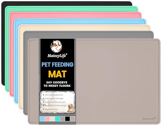 MateeyLife Dog &amp; Cat Food Water Mat for Floors Waterproof, Nonslip Pets Bowl Feeding Mats with Raised Edges, Silicone Matt Tray for Messy Drinkers, 24"x16", Taupe