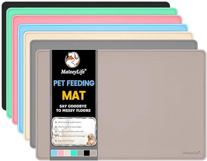 MateeyLife Dog &amp; Cat Food Water Mat for Floors Waterproof, Nonslip Pets Bowl Feeding Mats with Raised Edges, Silicone Matt Tray for Messy Drinkers, 24"x16", Taupe