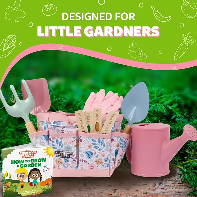 Floral Garden Kit Tools - Includes Sturdy Tote Bag, Watering Can, Gloves, Shovels, Rake, and Delightful Children&