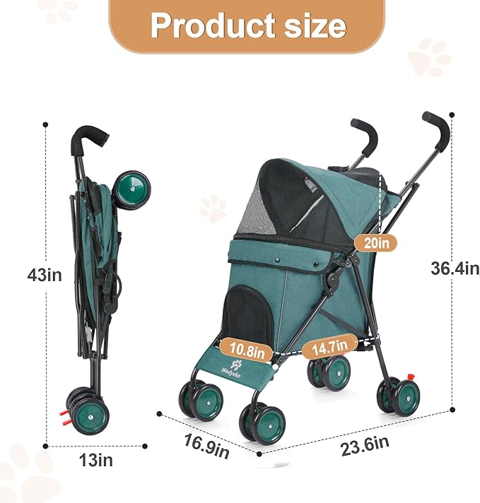 Umbrella Dog Stroller, 4 Wheels Pet Strolling, Foldable Carrier Pet Stroller for Small Dogs Cats, with Carrying Strap and Cup Holder, Dog Poop Bags &amp; Dispenser, Up to 33 lbs, Dark Green