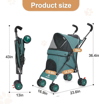 Umbrella Dog Stroller, 4 Wheels Pet Strolling, Foldable Carrier Pet Stroller for Small Dogs Cats, with Carrying Strap and Cup Holder, Dog Poop Bags &amp; Dispenser, Up to 33 lbs, Dark Green