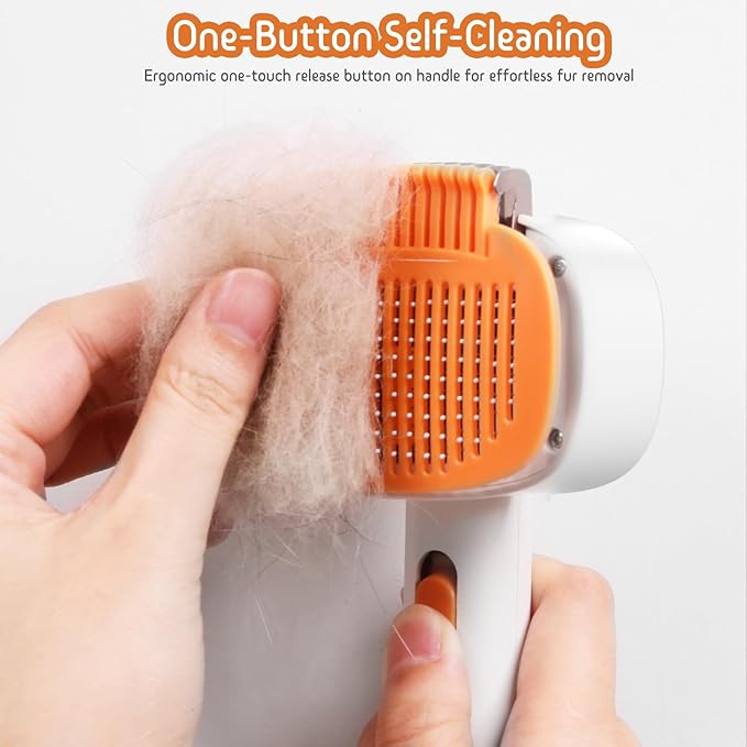 Self Cleaning Slicker Brush, 2-in-1 Cat Brush for Shedding, Skin Friendly Grooming Tool for Long &amp; Medium-Long Hair Pets, Adjustable Bristle Length with Dematting Comb for Cats, Dogs (Orange)
