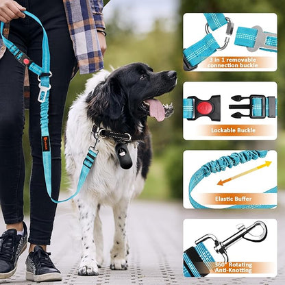 Removable Dog Seat Belt Harness for Car, 3 in 1 Pet Dog Car Seatbelt Leash, Retractable Restraint Secures to Vehicle Headrest &amp; Adjustable Reflective Bungee Dog Seatbelt Tether, Blue