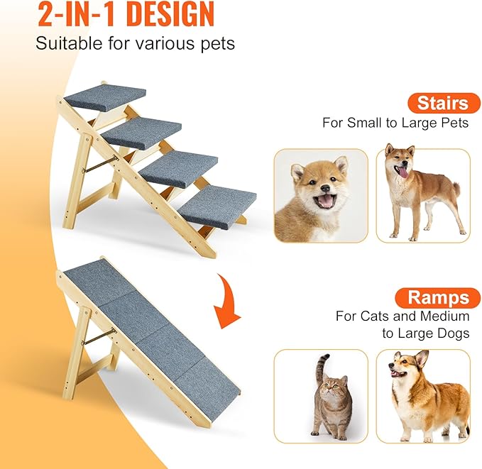 VEVOR Wood Pet Stairs/Pet Steps, 2-in-1 Foldable Wooden Dog Stair for Beds, Sofa and Cars, Dog Stairs &amp; Ramp with 4 Steps for Small Medium Large Pet, up to 150 lbs