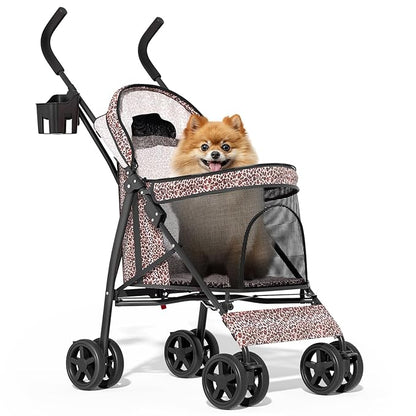 MoNiBloom 4 Wheels Pet Stroller, Easy-Fold Umbrella Shaped Dog Cat Jogger Stroller w/Storage Bag &amp; Visible Mesh for Small/Medium Dogs Cats Leopard Print