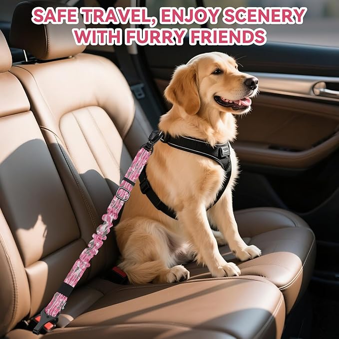Pawaboo Dog Seatbelt for Car, 3-in-1 Dog Seat Belt Bungee, Shockproof Dogs Tether with Buckle &amp; Hook Latch, Adjustable Reflective Dogs Cars Harness Leash with 360° Lockable Buckle, Pink Camouflage