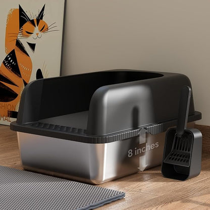 Stainless Steel Cat Litter Box with Lid, 24" L x 16" W x 11.8" H, Large Cat Litter Box for Multiple Cats with High Sided, No-Leak &amp; Stick, Easy to Clean, Includes Litter Mat &amp; Multi Functional Scoop