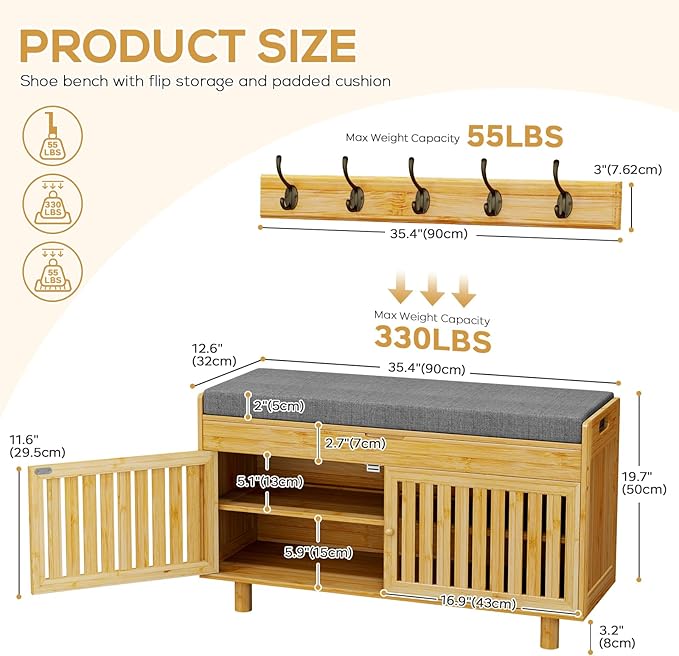 Coat Rack Shoe Bench Set, Bamboo Shoe Storage Bench with Seat Cushion &amp; 5 Hooks, Hall Tree Entryway Bench with Lift Top Hidden Storage, 35.4" W x 12.6" D x 19.7" H, for Entryway, Living Room, Bedroom