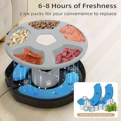 Automatic Pet Feeder for Wet &amp; Dry Food, 5-Meal Timer Dispenser with 2 Ice Packs, Programmable Smart Feeder for Cats/Dogs – Keep Food Fresh Longer (Pet Feeder with 2 Ice Cube Tray)