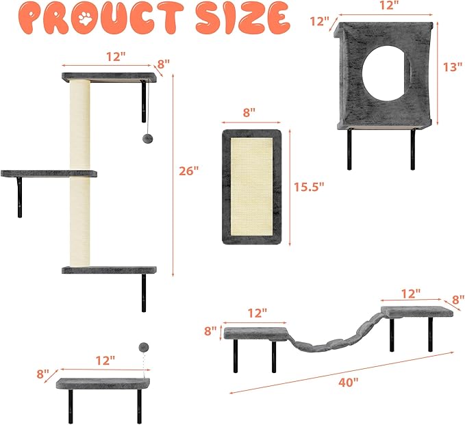 NUNU LAB Wall Mounted Cat Furniture, 5 Pcs Cat Wall Shelves with House, Bridge, Steps, Scratching Post, Shelves, Indoor Safe &amp; Stable Furniture for Kittens Play, Gray