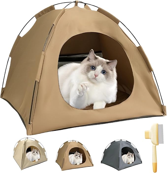 BreezyDen Pop-Up Pet Tent – Portable Hideaway for Cats &amp; Small Dogs, Portable Indoor/Outdoor Pet Tent House with Mesh Window, Waterproof, Breathable, Scratch-Resistant, Fully Washable (Brown,M)