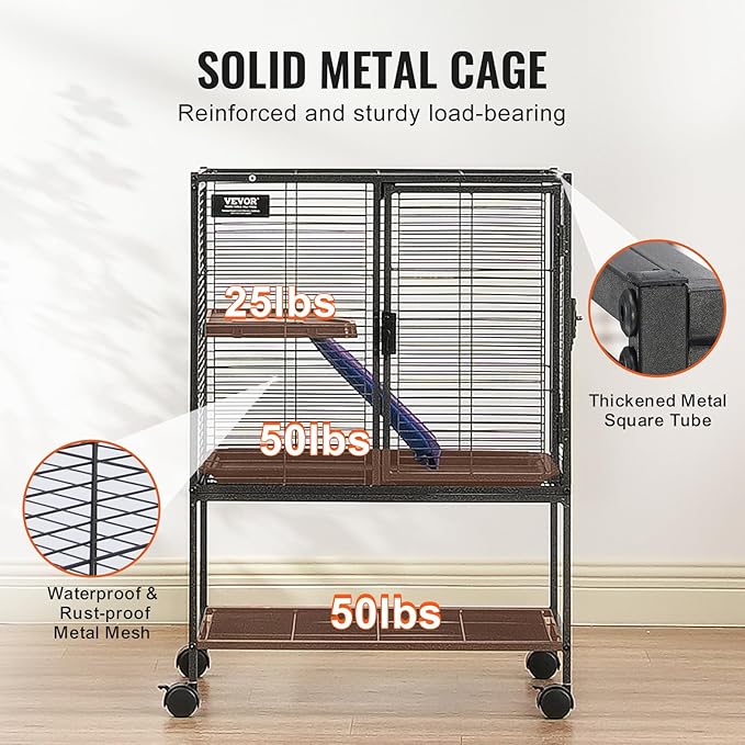 VEVOR 34" Rolling Metal Ferret Cage, Large 2-Tier Critter Nation Cage, Small Animal Cage with Ramps &amp; Tray, Easy to Set up for Pet Mice, Hamster, Guinea Pig, Chinchilla, Squirrel, Hedgehogs, Bunny