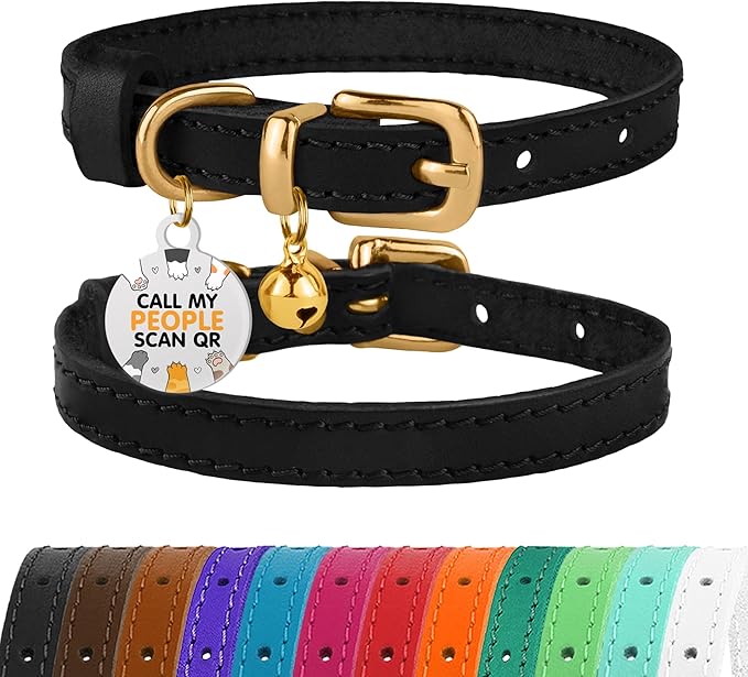 BRONZEDOG Leather Cat Collar with Removable Bells Non Breakaway Kitten QR Tag for Girl Boy (7" - 9" for Cats, Black &amp; Gold)