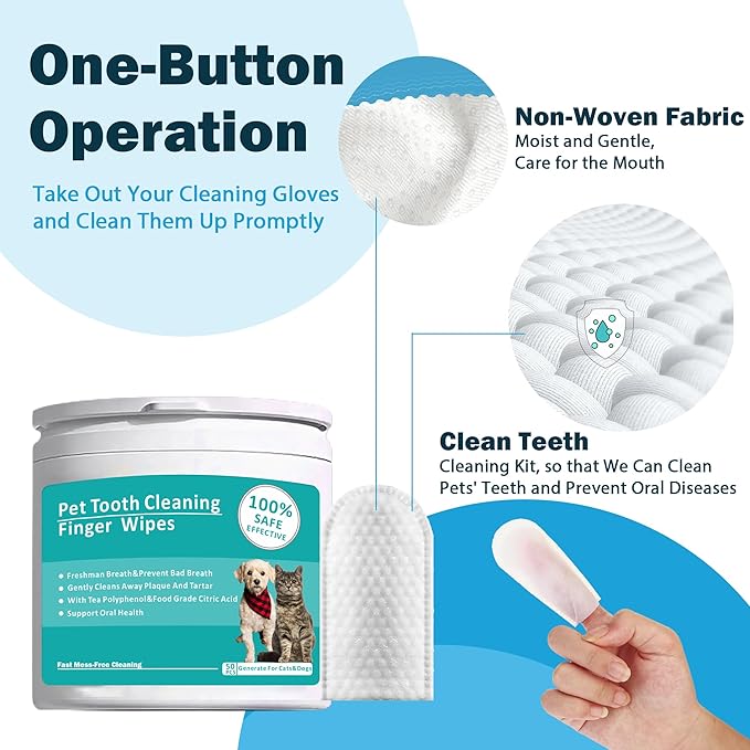 Teeth Cleaning Wipes for Pets 50Pcs ，Dog &amp; Cat Teeth Cleaning Wipes，Pet Teeth Cleaning Finger Mitt Dental Wipe，Pet Teeth Cleaning Finger Wipes，Natural Formula Finger Grooming Wipe for Pets