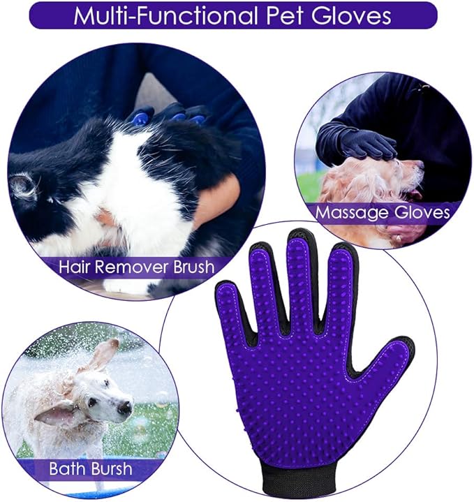 Upgrade Version Pet Grooming Glove - Gentle Deshedding Brush Glove - Efficient Pet Hair Remover Mitt - Enhanced Five Finger Design - Perfect for Dog &amp; Cat with Long &amp; Short Fur - 1 Pair (Purple)