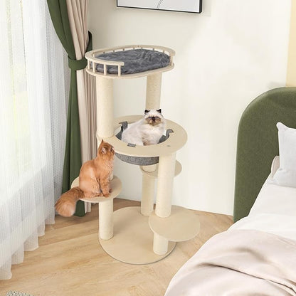 Tangkula Wood Cat Tree, 59 Inch Multi-Level Cat Tower with Top Padded Perch, Hammock, 3 Platforms &amp; Sisal Scratching Posts, Large Modern Cat Tree Tower for Indoor Cats Kittens (59 Inch)