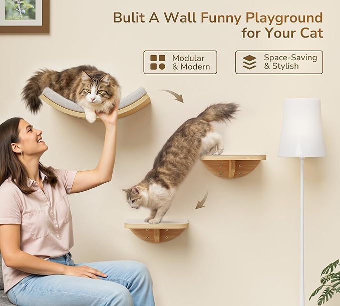 Cat Wall Shelf &amp; Window Perch Combo, Wood Cats Wall Furniture with Soft Foam Curved Bed and Felt-Padded Steps, 4-Piece Floating Cat Climbing System