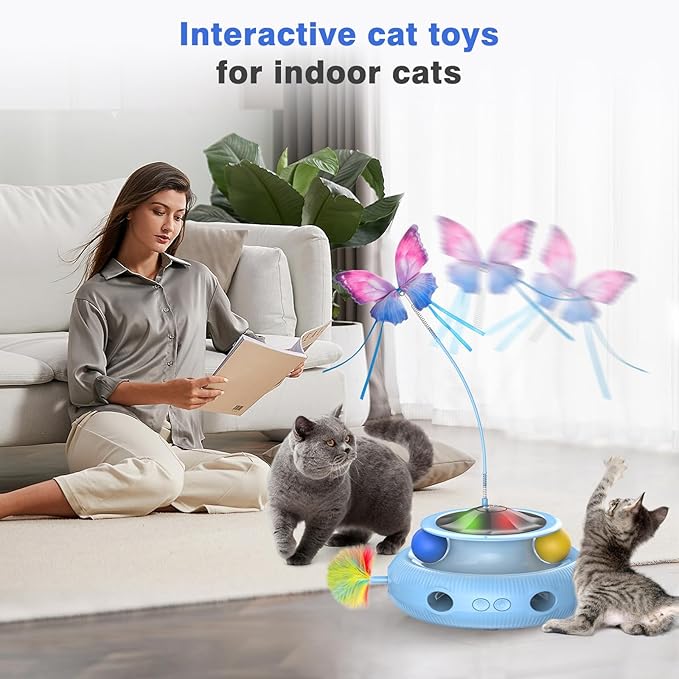 Automatic Interactive Cat Toys for Indoor Cats &amp; Bored Adults - Kitten Toys with Fluttering Butterfly, Ambush Feather &amp; Track Balls - Exercise &amp; Stimulation for Playful Cats (Sky Blue)