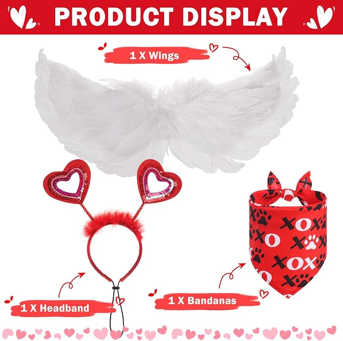 SCENEREAL Dog Outfit/Birthday Bandana with Feather Wing &amp; Heart Headband Dogs Girls Set, Red Puppy Kitty Party Supplies for Small Medium Dogs Cats, Pet Costumes