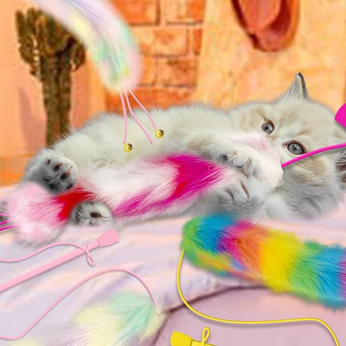4 Pack Cat Wand Toy, Rainbow Cat Feather Toys with Bells, Teaser Wand with Soft Furry Tail, Interactive Toys for Indoor Cats &amp; Kitten &amp; Kitty