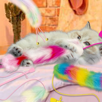 4 Pack Cat Wand Toy, Rainbow Cat Feather Toys with Bells, Teaser Wand with Soft Furry Tail, Interactive Toys for Indoor Cats &amp; Kitten &amp; Kitty