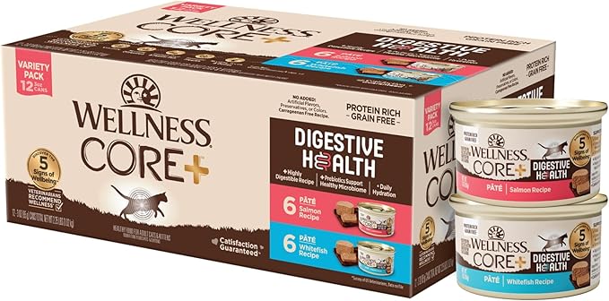 Wellness CORE+ Digestive Health Pate Adult Wet Cat Food, Natural, Protein-Rich, Grain Free, 3 Ounce, 12 Pack (Salmon &amp; Whitefish Variety Pack)