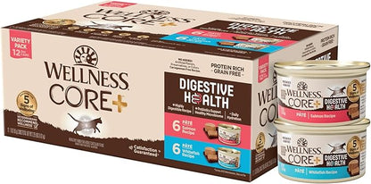 Wellness CORE+ Digestive Health Pate Adult Wet Cat Food, Natural, Protein-Rich, Grain Free, 3 Ounce, 12 Pack (Salmon &amp; Whitefish Variety Pack)