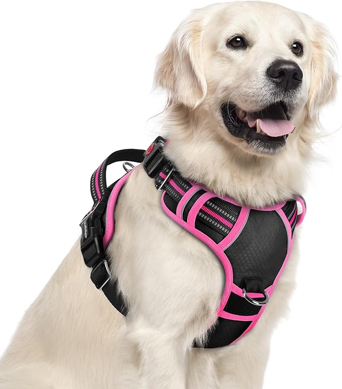 rabbitgoo Dog Harness for Large Dogs, No Pull Pet Vest with 3 Buckles, Adjustable Soft Padded Pet Harness with Easy Control Handle and Reflective Strips, Black &amp; Rose Pink, XL