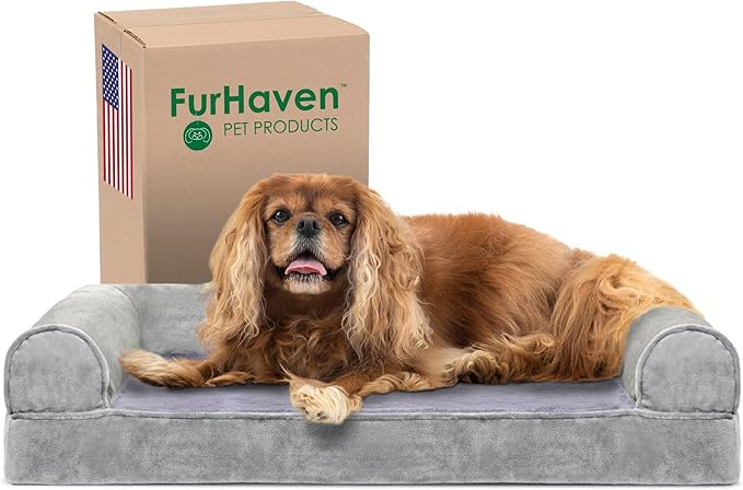 Furhaven Cooling Gel Dog Bed for Medium/Small Dogs w/ Removable Bolsters &amp; Washable Cover, For Dogs Up to 35 lbs - Faux Fur &amp; Velvet Sofa - Smoke Gray, Medium
