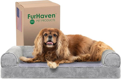 Furhaven Cooling Gel Dog Bed for Medium/Small Dogs w/ Removable Bolsters &amp; Washable Cover, For Dogs Up to 35 lbs - Faux Fur &amp; Velvet Sofa - Smoke Gray, Medium