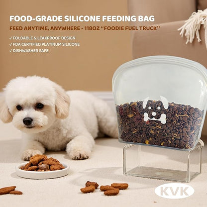KVK Extra Extra Large Silicone Dog Food Mat 39.4×43.3in and 128oz Silicone Bag Set, Super Size Waterproof Pet Feeding Mat &amp; Container, Non-Slip, Chew-Resistant Floor Protection (Dark Grey&amp;Clear)