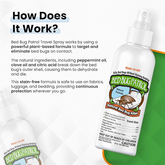Natural Bed Bug Killer – 3 Pack (3oz Each) Travel Spray – Non-Toxic, TSA Safe, Child &amp; Pet Friendly Formula for Airbnb, Luggage, Hotels, Rideshare, and Work Trips