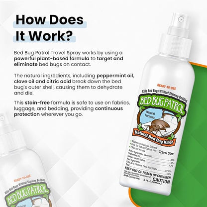 Natural Bed Bug Killer – 3 Pack (3oz Each) Travel Spray – Non-Toxic, TSA Safe, Child &amp; Pet Friendly Formula for Airbnb, Luggage, Hotels, Rideshare, and Work Trips