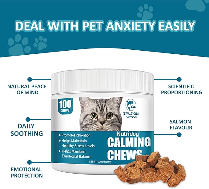 Cat Calming Treats - 100 Count Salmon Chews with Organic Chamomile &amp; Ginger, Stress Relief Supplement for Separation Anxiety, Vet Visits &amp; Thunderstorms (Salmon)