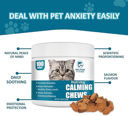 Cat Calming Treats - 100 Count Salmon Chews with Organic Chamomile &amp; Ginger, Stress Relief Supplement for Separation Anxiety, Vet Visits &amp; Thunderstorms (Salmon)