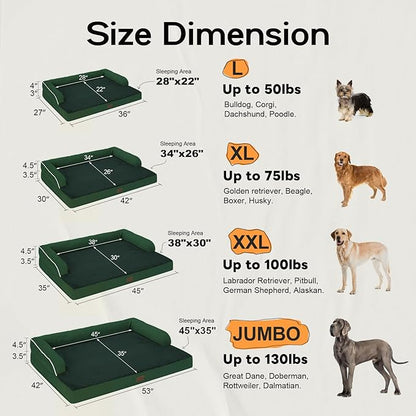 Large Dog Bed Orthopedic Washable Extra XXXLarge Big Dog Bed with Washable Bolster &amp; Memory Foam Couch Sofa - Waterproof with Removable Cover - Emerald