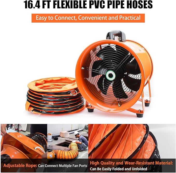 8-Inch High-Velocity Portable Utility Blower Fan, Industrial Exhaust Fan with 16.4ft Flexible Duct Hose, 3150 RPM Low-Noise Ventilator for Basements, Workshops, Warehouses, and Confined Spaces
