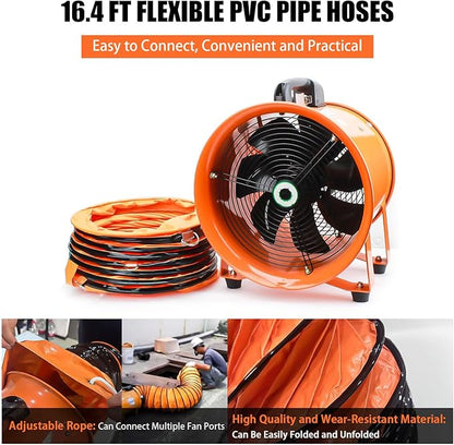 8-Inch High-Velocity Portable Utility Blower Fan, Industrial Exhaust Fan with 16.4ft Flexible Duct Hose, 3150 RPM Low-Noise Ventilator for Basements, Workshops, Warehouses, and Confined Spaces