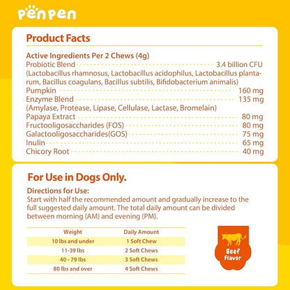 Penpen Probiotics for Dogs, Dogs Probiotics for Digestive Health, Multi-Probiotic and Enzyme Blend Promote Gut Health &amp; Immune Support, Eases Sensitive Stomachs (Beef Chews, 50ct)