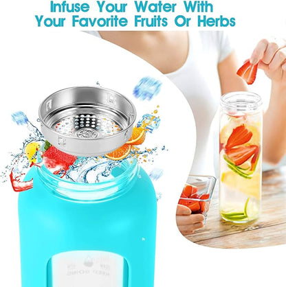 32 oz Glass Water Bottle with Straw - Motivational Time Marker &amp; Silicone Sleeve - Reusable Tumbler Includes 2 Bamboo Lids &amp; Fruit Infuser - 1 Pack