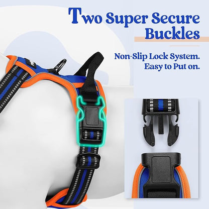 rabbitgoo Dog Harness No Pull with 2 Leash Clips, Adjustable Soft Padded, Reflective Oxford No Choke Pet Vest with Easy Control Handle for Large Dogs, Blue &amp; Orange, L