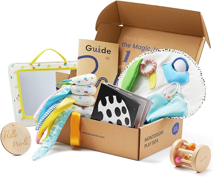 Tiny Land Montessori Baby Toy Set 0-3 Months Newborn Development Sensory Play Kit - 5-in-1 Mirror, Black &amp; White Card Set, Rolling Bell, Play Mat, and Bed Wrap
