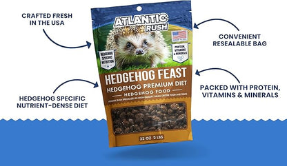 Atlantic Rush Hedgehog Feast Premium Food - 2lb Resealable Bag of Hedge Hog Delite- Small Critter Supplies Hedge Hog Food - Hedgehog Treats- Sourced &amp; Made in The USA