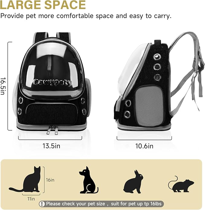 Cat Backpack Carrier, Breathable Cat Carrier Large Space Bubble Pet Backpack for Kitty Small Dog up to 12lbs, Transparent &amp; Foldable Pet Carrier for Travel Hiking (Black
