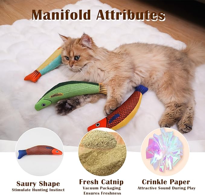 Cat Toys 4 Pack, Fish Shaped Catnip Toys with Crinkle Sound, Durable Interactive Chew &amp; Kicker Toys for Indoor Cats, 8.1 Inch for All Breeds
