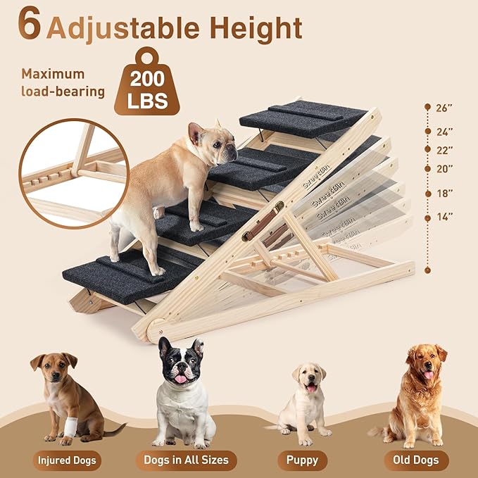2025 Upgraded Dog Steps for Bed &amp; Couch - 2-in-1 Dog Stairs/Ramp for Small to Large Breeds - 45.3" Long Adjustable 14"-26" Up to 200LBS - Folding Portable Wooden Pet Stairs for high Bed Couch Car