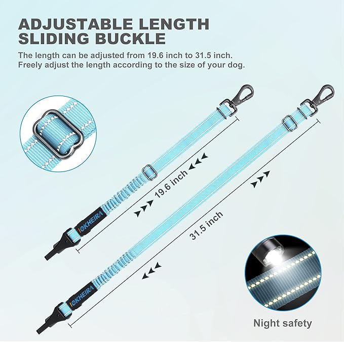 Dog Seat Belt 3-in-1 Car Harness for Dogs Adjustable Safety Seatbelt for Car Nylon Reflective Bungee Fabric Dog Car Harness with Clip Hook Latch &amp; Buckle, Swivel Zinc Alloy Carabiner (Light Blue)